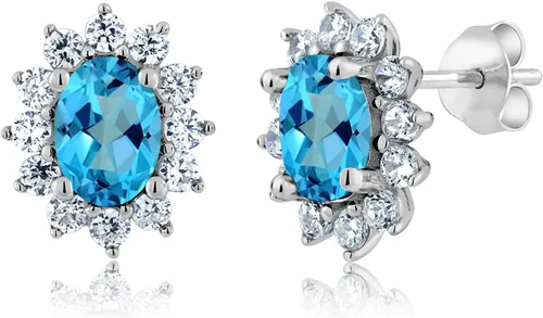 Miniatura 189 de Gem Stone King Aretes ovalados de plata de ley 925 de 0.276 x 0.197 in con piedra natal de la princesa Diana, estilo halo real para mujeres