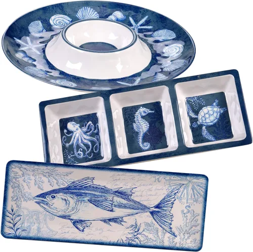Miniatura 5 de Certified International Oceanic - Juego de vajilla de melamina de 12 piezas, servicio para 4, multicolor y oceánico, juego de servicio de melamina