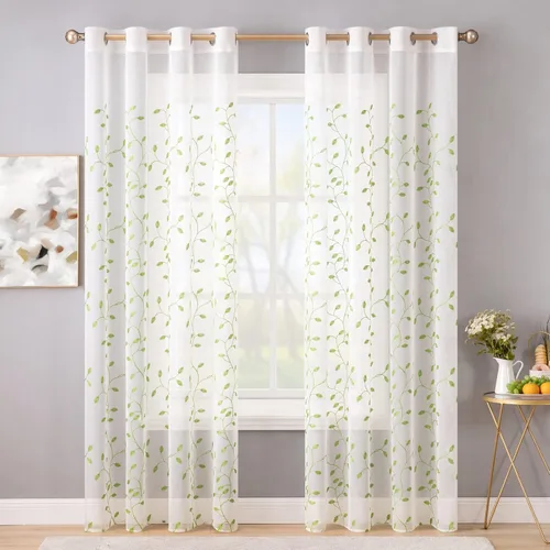 Miniatura 2 de MIULEE - Cortinas de ventana bordadas con diseño de hojas con ojales, diseño de primavera, velo para ventana en panel, cortina, tratamiento
