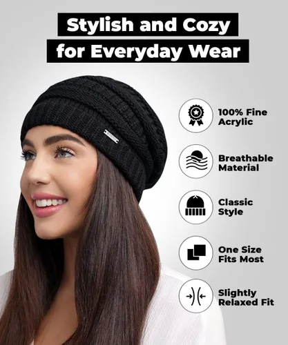Miniatura 2 de Gorro de punto grueso para mujer, suave, cálido, elástico, a la moda, elegante gorro de punto trenzado Skully para otoño e invierno