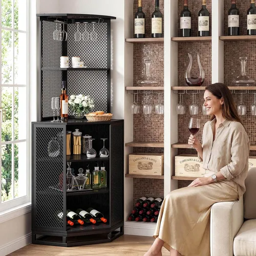 Miniatura 7 de IBF Armario esquinero de 71 pulgadas de alto para vino con soporte para vidrio, almacenamiento de licor industrial de 5 niveles con estante