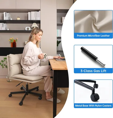 Miniatura 7 de EMIAH Silla cruzada con ruedas, sillas de escritorio de oficina en casa, silla de tocador acolchada de poliuretano, silla ergonómica de computadora