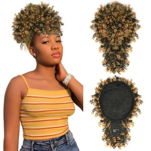 Miniatura 8 de MODSIGHT Cola de caballo afro hinchada con cordón y flequillo, moño de cola de caballo rizada crespa negra con flequillo, postizos para peinados