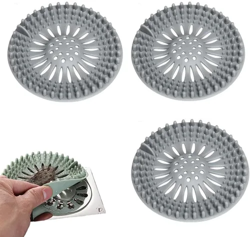 Recogedor de pelo de silicona para desagüe de ducha, paquete de 3 protectores de drenaje para tina, colador, cubierta de drenaje para ducha, Gris