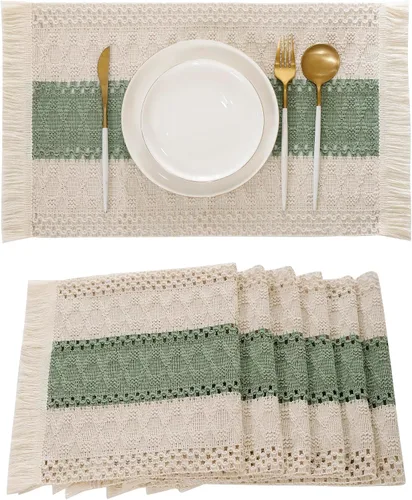 Miniatura 11 de Juego de 4 manteles individuales verdes de macramé para decoración de mesa con flecos, manteles individuales tejidos de arpillera natural para mesa