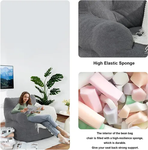 Miniatura 8 de DKLGG Puf para adultos, puf gigante con relleno incluido, de piel sintética, sofá de espuma viscoelástica, con reposabrazos para sala de estar, Gris