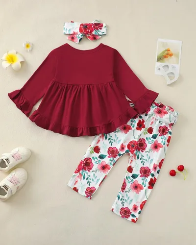 Miniatura 92 de Kucnuzki Conjunto de ropa para bebé niña pequeña, camisa de manga con volantes, pantalón floral, ropa de otoño e invierno para niña