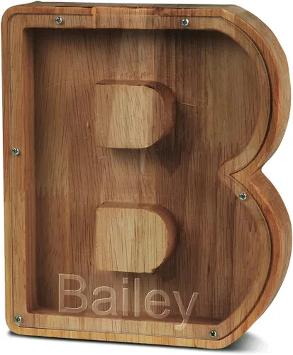 Miniatura 7 de Alcancía con nombre personalizado, 26 letras láser con texto personalizado, banco de monedas de madera, significado educativo, alcancía con nombre