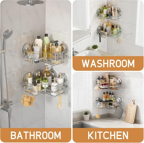 Miniatura 7 de LEVERLOC Organizador de ducha con ventosa adaptable a la esquina, paquete de 2 unidades, estante de ducha esquinero de acero inoxidable a prueba