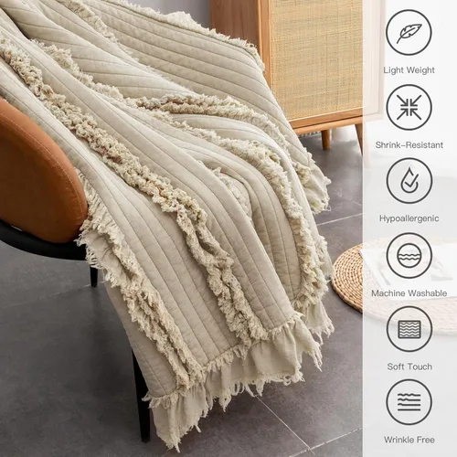 Miniatura 4 de Manta de tiro bohemia acolchada prelavada ultra suave, manta decorativa beige con flecos y volantes, manta rústica chic lavada a la piedra