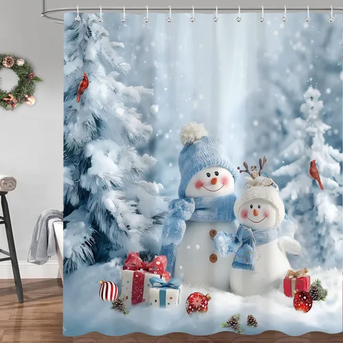 Miniatura 3 de Cortinas de Ducha de Navidad para Baño, Azul Lindo Muñeco de Nieve Árbol de Navidad Invierno Paisaje Natural Juego de Cortinas de Ducha, Tela