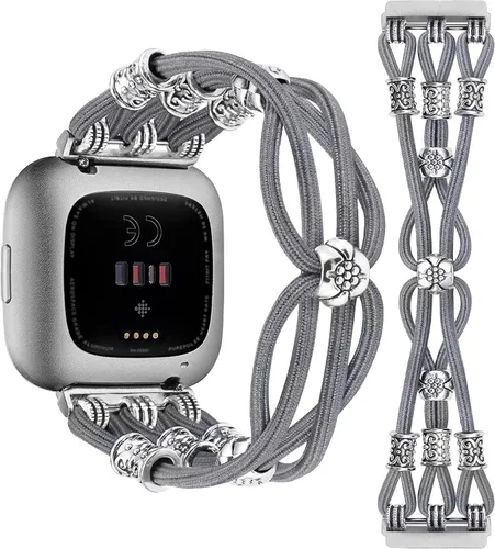 Miniatura 7 de TOYOUTHS Beaded Bracelet Band Compatible with Fitbit Versa 2/Fitbit Versa Bands Women, Boho Soft Elastic Stretchy Nylon Braided Strap Fancy Charms