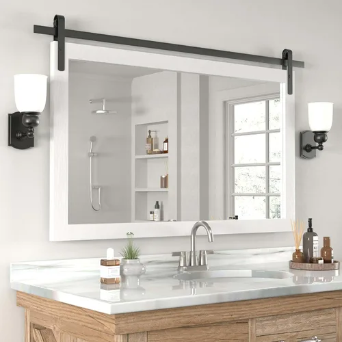 PAIHOME Espejo de Baño Blanco Grande, Espejo Cuadrado Rústico Horizontal de Granja para Pared, Espejos de Tocador con Marco de Madera, Decoración