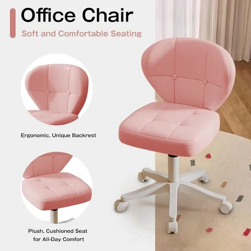Miniatura 6 de Silla pequeña de oficina con soporte lumbar, silla de escritorio sin brazos de cuero sintético giratoria con altura ajustable, silla compacta Rosa