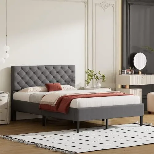 Miniatura 11 de Marco de cama de plataforma de tamaño individual, marco de cama tapizado de lino de diseño moderno con cabecera copetuda, cama de almacenamiento