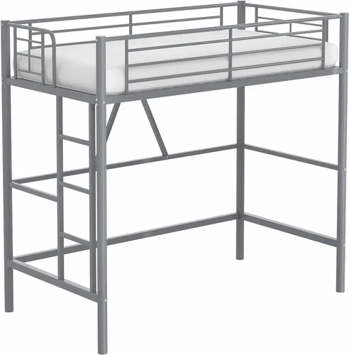 Miniatura 7 de VECELO Cama tipo loft tamaño individual, marco de cama de metal con escalera extraíble y barandilla de seguridad, no necesita somier, ahorro de Gris