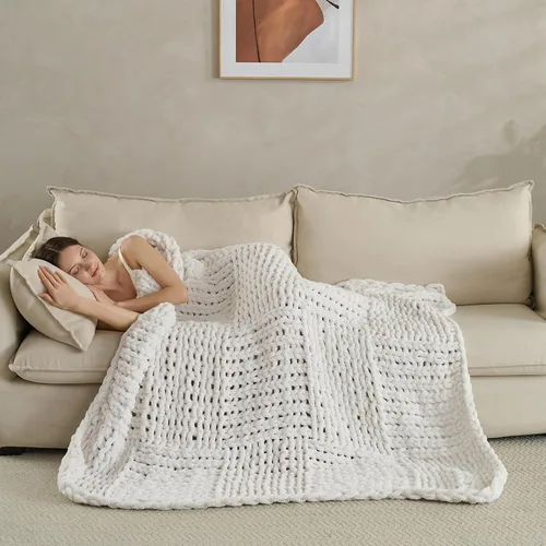 Miniatura 8 de Manta de punto grueso de 50 x 60 pulgadas, hecha a mano, acogedora y ligera para todas las estaciones, poliéster resistente a las arrugas, para Beige