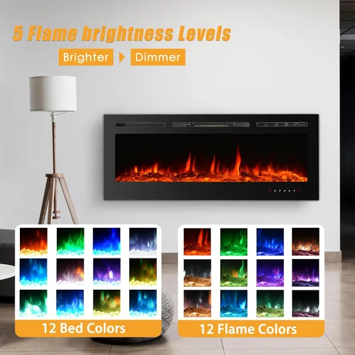 Miniatura 7 de CharaVector Chimenea Eléctrica Empotrable de 60 pulgadas 750W/1500W con Control Remoto de Montaje en Pared, Calentador de Chimenea Empotrable LED