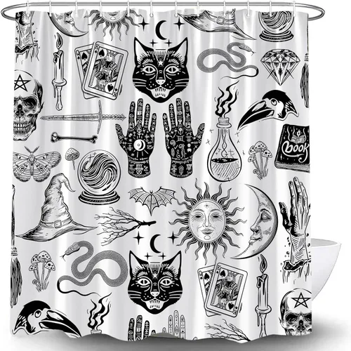 Miniatura 7 de Cortina de ducha de bruja de Halloween, color negro, espeluznante, alquimia gótica, psíquica, espeluznante, calavera, esqueleto, tablero de Ouija