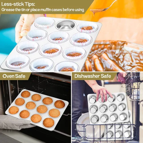 Miniatura 4 de TeamFar Molde para magdalenas de 12 tazas, molde de acero inoxidable para magdalenas de metal, para horno, tamaño regular y no tóxico, fácil