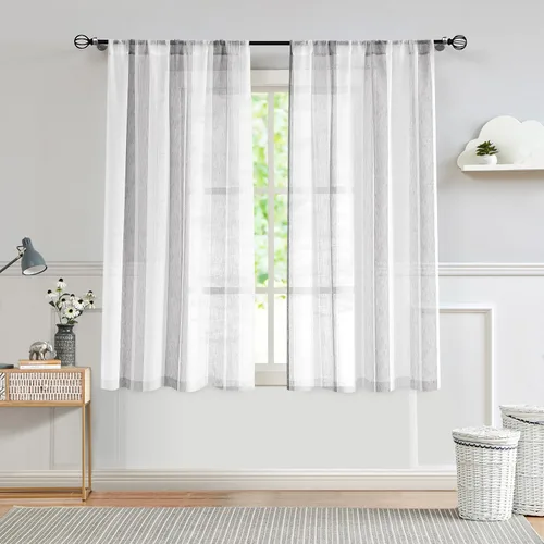 Miniatura 22 de Central Park Cortinas Transparentes de Rayas Beige y Blancas Estilo Granja de Lino Bouclé, Pares de Paneles de Cortina de Ventana Tejidos con Hilo