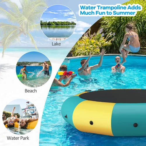 Miniatura 7 de GYMAX Trampolín de agua, trampolín flotante para lago con bomba eléctrica y escalera de cuerda, gorila de agua inflable para lago, resistente