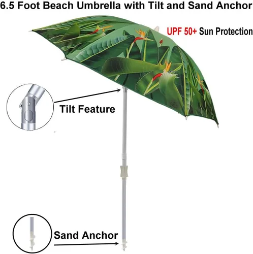 Miniatura 2 de Sombrilla de playa con anclaje de arena y bolsa de transporte, sombrilla de playa de 6.5 pies con altura de poste ajustable de inclinación, ideal