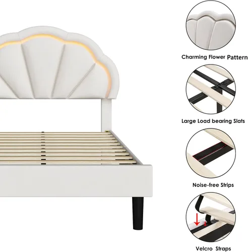 Miniatura 7 de HIFIT Marco de cama LED inteligente tapizado individual con cabecera ajustable de pétalos elegantes, marcos de cama de plataforma tamaño individual