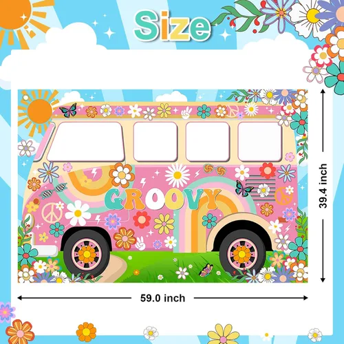 Miniatura 2 de Decoraciones de fiesta hippie Groovy Bus Banner de los años 60, telón de fondo de margarita, recortado de la cara de los años 60, accesorios