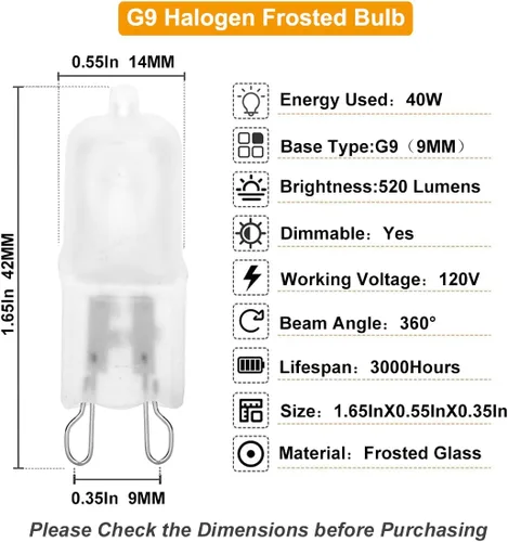 Miniatura 2 de Vinaco Bombilla G9, paquete de 10 bombillas halógenas G9 esmeriladas de 40 W, alto brillo JCD G9 120 V 40 W, G9 regulable blanco cálido 2800 K