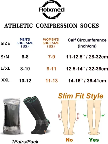 Miniatura 2 de Rolxmed Calcetines deportivos de compresión para correr, fútbol, béisbol, para jóvenes, mujeres y hombres, 15-20 mmHg, ajuste delgado (1 par3 pares)
