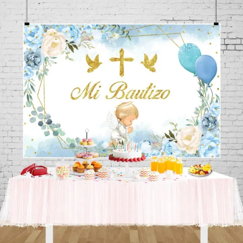 Miniatura 5 de Telón de fondo de bautismo, 7 x 5 pies, diseño de hojas de eucalipto florales azules y rosas, fondo de fotografía con tema de ángel, decoración