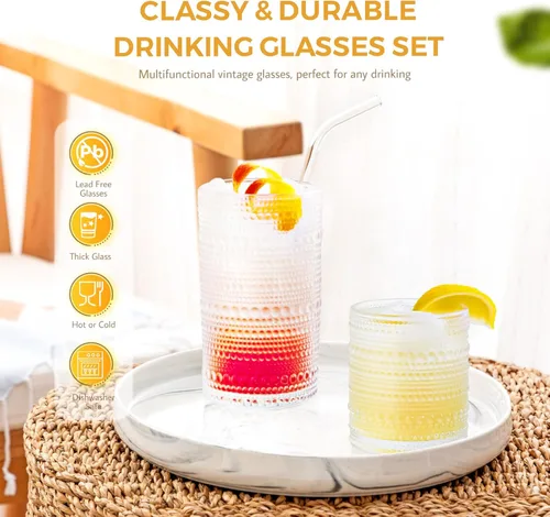 Miniatura 4 de Hobnail - Juego de 12 vasos para beber, vasos vintage de 11.8 oz y juego de vasos de cóctel de 10 oz, vasos de vidrio en relieve para cocina