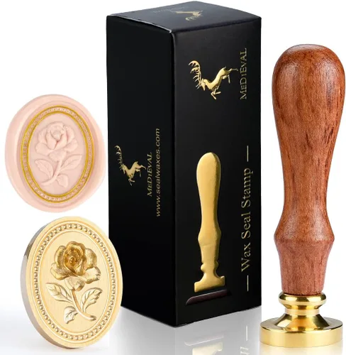 Miniatura 2 de Sello de cera - Flor de rosa en relieve, cabeza ovalada de latón con mango de madera
