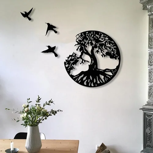 Miniatura 5 de AOOLVY Arte de pared de metal árbol de la vida, árbol único de la vida y pájaros de la paz, decoración de pared de metal, placas de pared para sala