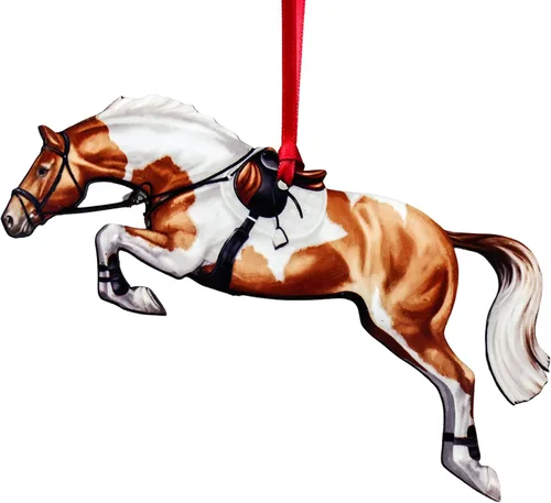 Adorno de Navidad de caballo cazador, decoración de salto de caballo deportivo, regalos de caballo para ecuestre (Tobiano castaño y blanco)