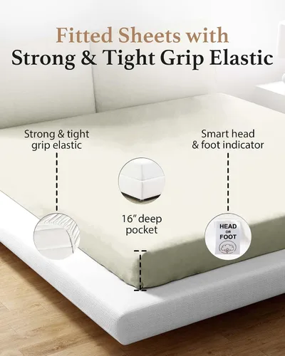 Miniatura 4 de Sábana bajera Good Sleep Bedding, solo sábana bajera - 100% algodón egipcio, sábana bajera ajustable de 800 hilos, sábanas bajeras suaves y Marfil
