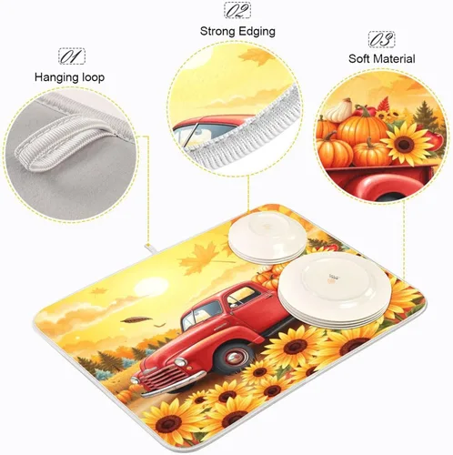 Miniatura 4 de Tapete de secado de platos de camión de otoño de 16 x 18 pulgadas, hojas de otoño, calabaza, girasol, almohadilla de secado de platos, protector