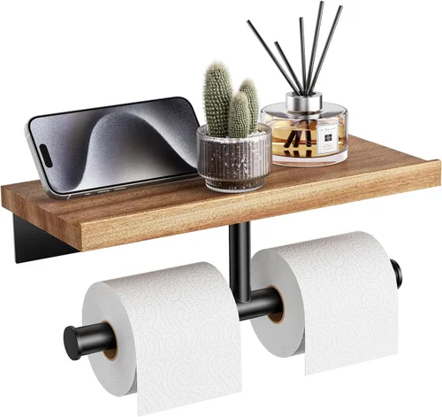 Miniatura 6 de Tindbea Portarrollos de papel higiénico con estante de madera, soporte de rollo de papel higiénico de madera para montaje en pared, accesorios