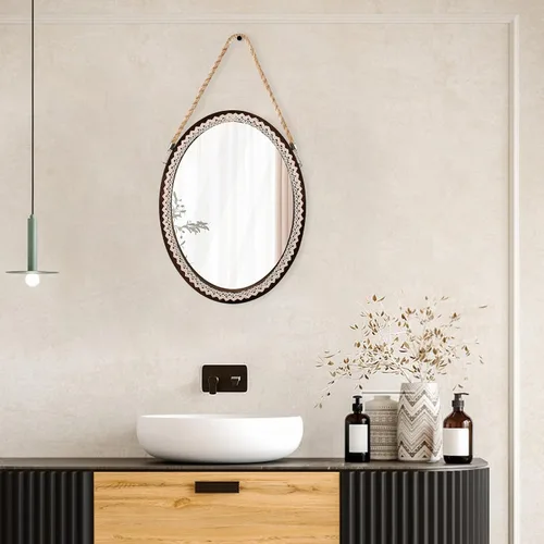 Miniatura 6 de OKSQW Espejo de pared ovalado de 16 pulgadas, marco de encaje, arte decorativo, rústico, de madera, espejo colgante con cuerda para entrada