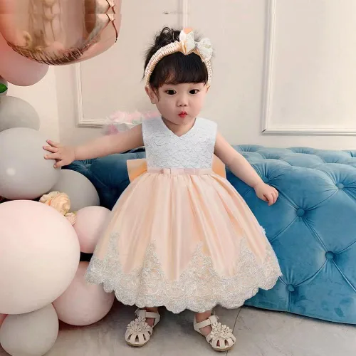Miniatura 18 de Vestidos de encaje para concursos de niñas bebés de 0-2 años, vestido bordado para fiestas con diadema