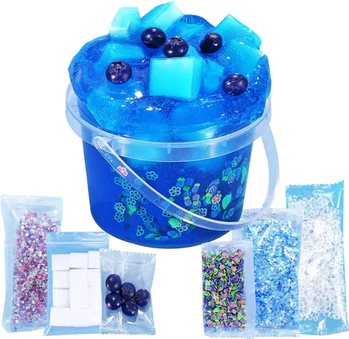 Slime Cristalino Crujiente con Brillo de Cubo de Gelatina Azul Arándano Prefabricado, Incluye 6 Juegos de Complementos, Estimulación Sensorial y