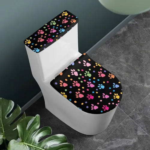 Miniatura 2 de Flashideas Juego de cubierta para tanque y tapa de inodoro con estampados de patas de perro coloridas - Elástico, se adapta a la mayoría de tanques