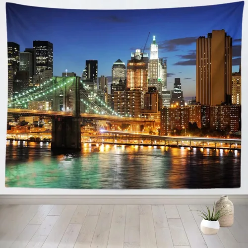 Miniatura 8 de Loccor Tapiz de la ciudad de Nueva York, puente de Brooklyn, Manhattan, horizonte nocturno, río Hudson, tapiz de pared de rascacielos urbano