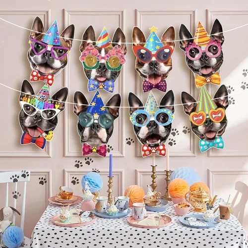 Miniatura 4 de Guirnalda de cumpleaños para perro Boston Terrier, pancarta de cumpleaños con caras fotográficas de Boston Terrier, decoración divertida de fiesta