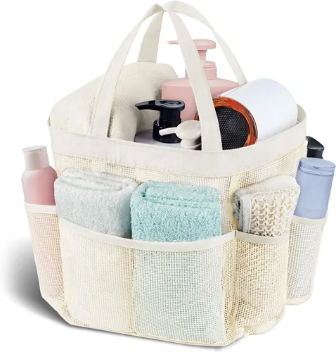 Miniatura 18 de Attmu Organizador de ducha de malla portátil, de secado rápido, bolsa de ducha colgante para dormitorio universitario, artículos esenciales de gran
