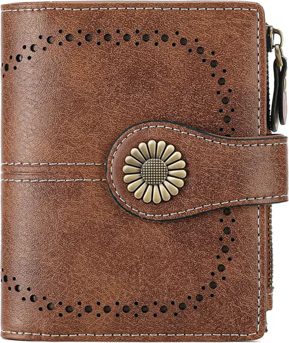 Miniatura 76 de SENDEFN - Billetera pequeña de piel auténtica para mujer, diseño plegable con ventana para tarjeta de identificación