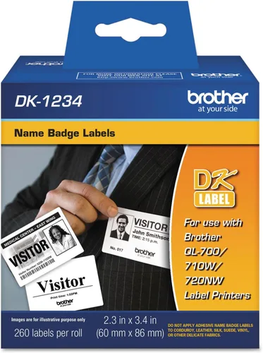 Brother DK-1234 - Etiquetas adhesivas troqueladas para nombre en papel blanco para impresoras de etiquetas QL de Brother, 2.3" x 3.4" (60mm x 86mm),