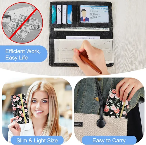Miniatura 6 de Funda para chequera personal, cartera RFID con soporte para bolígrafo y divisor de plástico transparente integrado para cheques duplicados, Flor