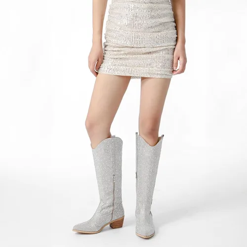 Miniatura 4 de olomisa Botas de diamantes de imitación para mujer, botas vaqueras altas hasta la rodilla, punta puntiaguda, tacón grueso, botas de vaquera
